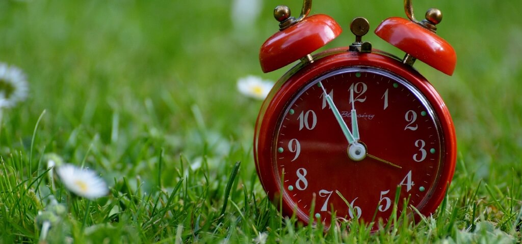 alarm clock sitting on grass with daylight savings time